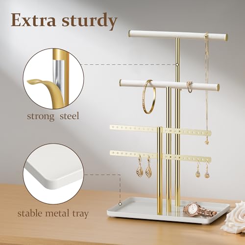 pickpiff Jewelry Holder Organizer with Velvet, Adjustable 10"-17" Tall, Metal Stand for Display Bracelet, Necklace, Earrings, Rings, White and Gold - color: Gold and White