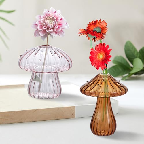 Glass Mushroom Vase, Mini Mushroom Vase, Flower vase, Creative Mushroom Glass Vase Plant Hydroponic Art Plant Table Vase (4 Color)