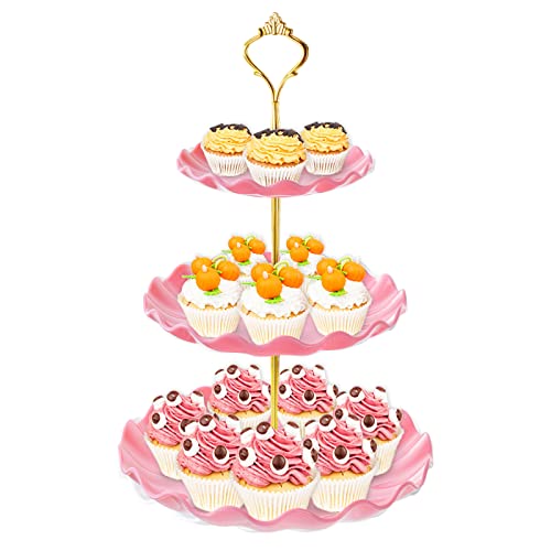 3 Tier Cupcake Stand Holder, BACUTHY Plastic Cup Cake Stand Tower with Tiered Serving Tray for Cupcakes, Donuts, Fruits and More, Pink - color: Pink