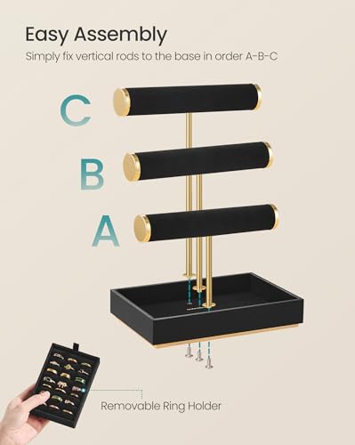SONGMICS Bracelet Holder Stand, Jewelry Display Stand, Jewelry Organizer, with 3 Tiers and Velvet Tray, Removable Ring Holder, Ink Black UJJS027B01 - color: Ink Black