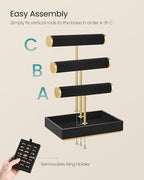 SONGMICS Bracelet Holder Stand, Jewelry Display Stand, Jewelry Organizer, with 3 Tiers and Velvet Tray, Removable Ring Holder, Ink Black UJJS027B01 - color: Ink Black