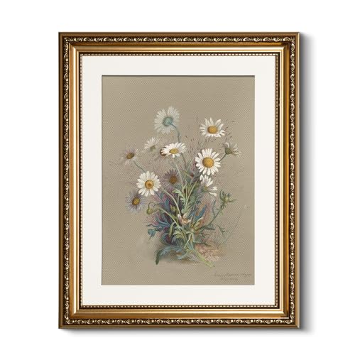 HUARCEY Vintage Ornate Textured Gold Framed Daisy Flower Canvas Wall Art, Nature-Inspired Tenacious Vitality Floral Artwork, Farmhouse Botanical Print Decor for Bathroom Bedroom Office 13x16 Inch - color: Vigorous Daisy, size: 16"L x 13"W