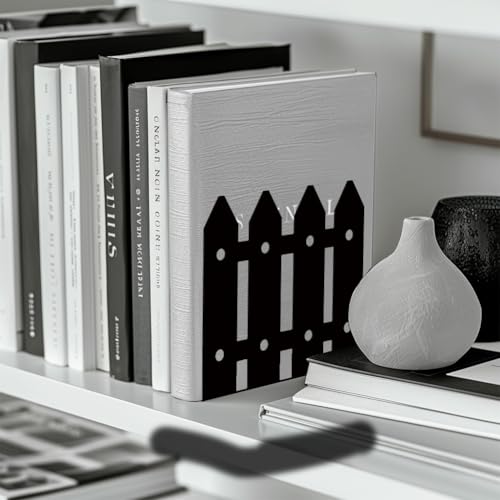 Peacoblue Metal Bookends for Shelves, Modern Decorative Heavy Duty Study Book Support Stoppers for Office, Desk, Shelf, Room 5.3"x4.3"x4.9" Cast Iron Simple Tall Bookends, 1 Pair (Farmhouse Fence) - style: Farmhouse and Fence