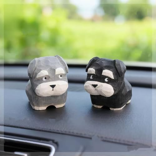 Hand-Carved Wooden Black & Silver Schnauzer Figurine – Mini Cute Dog Statue with Round Wooden Base for Desk & Home Decor, Car Dashboard Decoration, Unique Handmade Gift for Dog Lovers - color: Black and Silver Schnauzer
