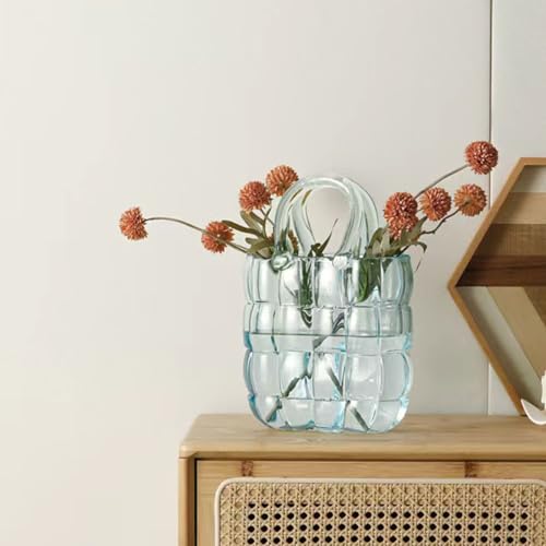 Glass vase - 10.6 inch Handbag-Shaped Woven vase That can be Filled with Water to Serve as a Fish Tank. Customized Gift Box Packaging is Available- Blue - color: Bulging Blue