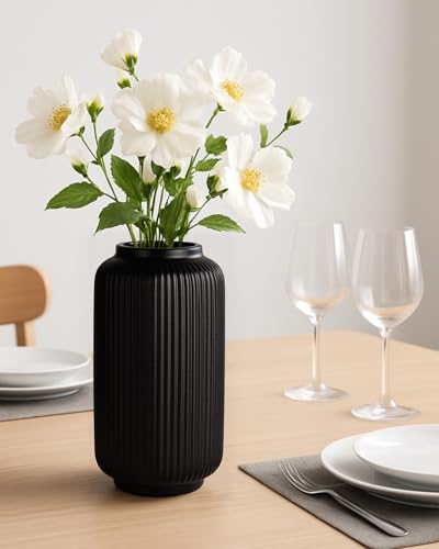 Black Ceramic Vase, 8 Inch Ribbed Flower Vase for Bouquet and Pampas Grass, Modern Wide Mouth Decorative Vase for Dining Table, Kitchen Shelf, Wedding Centerpiece - color: Black02