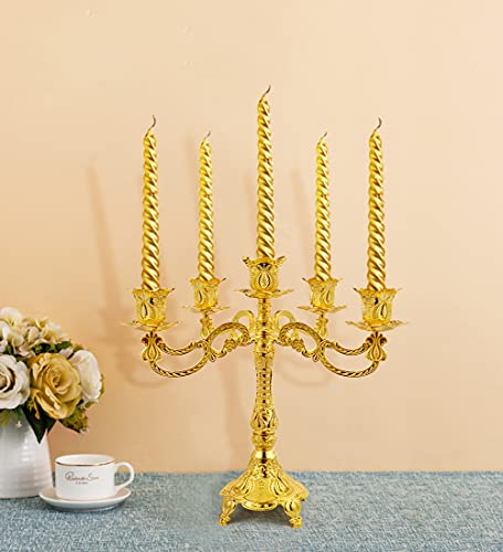 5-Candle Metal Candelabra 10.3 Inch Tall Candlestick Candle Holders for Home Decor Wedding Christmas Church Halloween Party, Gold Tulip - color: Gold-tulip