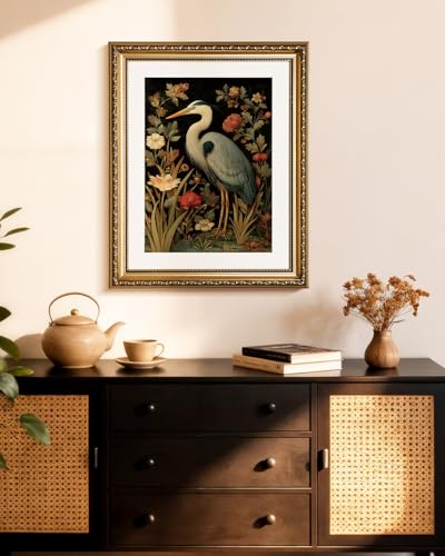 HUARCEY Vintage Botanical Bird Gold Framed Canvas Wall Art 13x16 inch, Classic Heron Floral Canvas Painting Print, Traditional Elegant Home Living Room Bedroom Farmhouse Decor - color: Blue Heron, size: 16"L x 13"W
