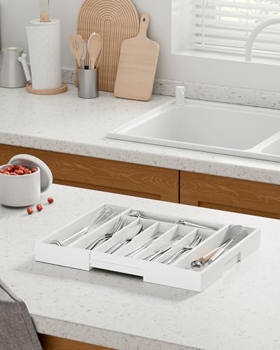 Kitsure Silverware Organizer - Expandable Bamboo Kitchen Drawer Organizer for Cooking Utensils and Cutlery, Sturdy & Thickened Kitchen Organizers and Storage Solution, Large, White - color: White, size: Large
