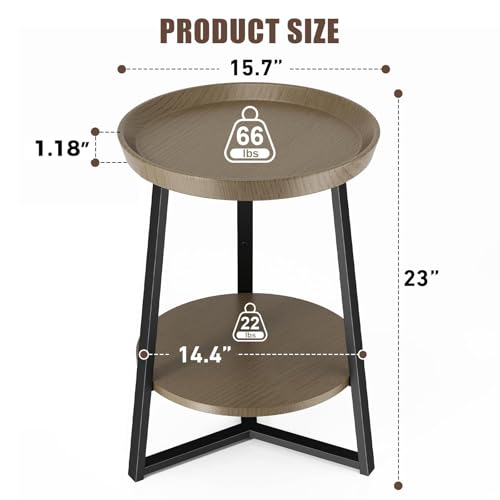 Gadroad Round End Table with Storage Shelf, 2 Tier Farmhouse Side Table Nightstand for Living Room, Bedroom, Wood Tabletop & Black Metal Frame, Walnut Color 15.7 * 15.7 * 23.0inches - color: Walnut, style: No Charging Station