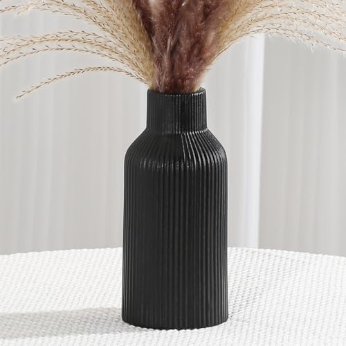 Bohemian Black Ceramic Vase - for Pampas Grass, Mantel, Bookshelf, Entryway and Living Room Decor (Black, 8in) - color: Black, size: 8in