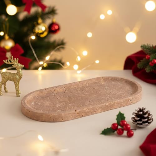 Handcrafted Travertine Tray – Bathroom Counter Organizer, Jewelry Tray, Perfume Organizer & Decorative Tray for Vanity Accessories, Coffee Table Decor & Bathroom Countertop (Oval, Noce) - color: Noce, size: 11.8" x 5.9" x 0.8"