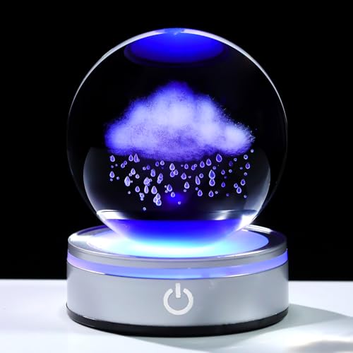 Arikyrist 3.15in. 3D Cloud and Rains Crystal Ball Gifts for Women Men, K9 Crystal Decorative Ball Engraved Cloud and Rains Figurine Paperweight with LED Light Base for Home Office Decoration - color: Cloud and Rains
