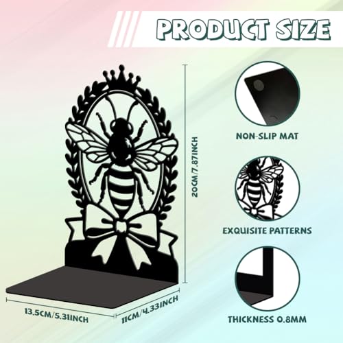 Peacoblue Metal Bookends for Shelves, Modern Decorative Heavy Duty Study Book Ends Stoppers for Office, Desk, Shelf, Room 5.3"x4.3"x7.9" Cast Iron Simple Tall Bookends 1 Pair (Bee with Laurel Wreath) - style: Bee with Laurel Wreath