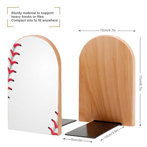 Wooden Bookends 2 Pcs,Baseball Red Lace Heavy Duty Office Book Ends Anti Slip Book Shelf Holder with Metal Base Decorative Book Stands - color: Baseball Red Lace