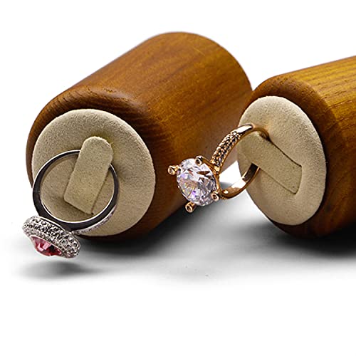Solid Wood Ring Display Stand 3 Piece Cylindrical Microfiber Ring Holder Wooden Jewelry Display Holders Showcase Display (White) - color: Beige