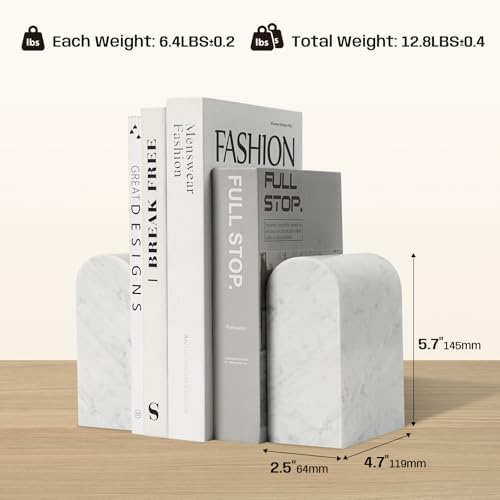 Marble Bookends for Shelves, Decorative Book Ends, 13lbs Heavy-Duty Marble Book Holders, Stone Bookshelf Decor, Carrara White - color: Carrara White, size: 12LB