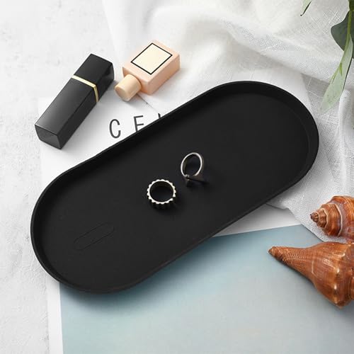 Black Silicone Vanity Tray, 8.66x3.94 Inch Oval Food-Grade Counter Organizer, Dishwasher Safe Scratch-Proof Storage Tray for Jewelry Makeup Bathroom Desk - color: Black