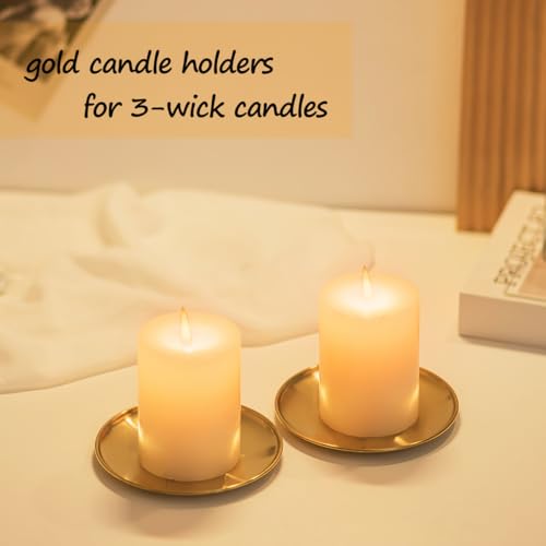 Romadedi Gold Pillar Candle Holders Decor - 5.5 Inch Round Candle Tray Decorative Brass Metal Plate Candle Srand for 3 Wick Candles Jars for Coffee Table Countertop Home Decorations, Set of 2
