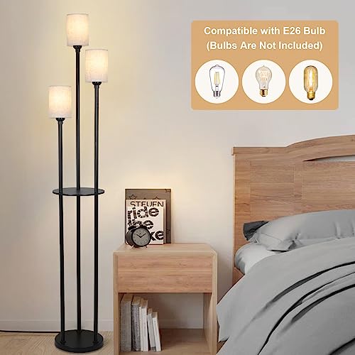 Floor Lamp with Shelves, Modern Floor Lamps for Living Room, 3-Lights Standing Lamp with Linen Shade and Foot Switch, Industrial Standing Lamps for Bedroom, Black Tall Table Lamp for Office - style: Black-Fabric Shade