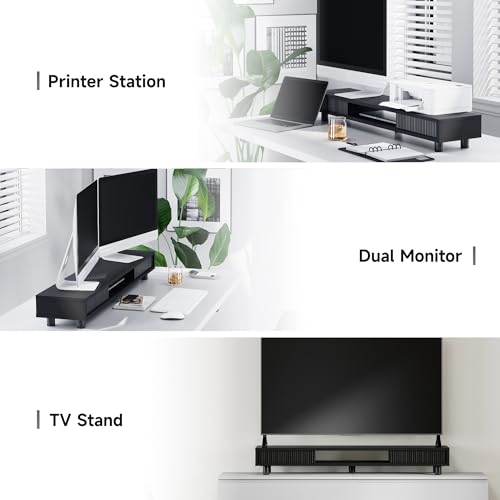 Fenge Dual Monitor Stand, 42.5inch Long Monitor Stands Riser for 2 Monitors, Sliding Door with Storage Organizer Stand for Desk, 2 Tier Desk Shelf for Laptop, Pc, Printer, Computer, TV - color: Black