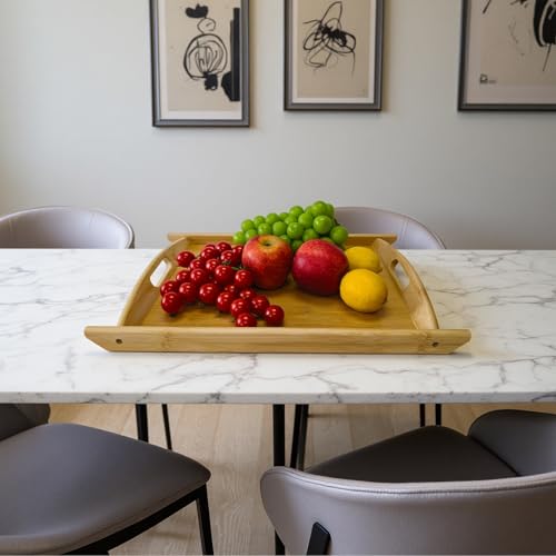 Bamboo Serving Tray Rectangle Platter Breakfast Dinner Food Bed Tray for Eating Kitchen Restaurants (1, 17.3" x 11.8" x 1.2" (with Handle)) - size: 17.3" x 11.8" x 1.2"