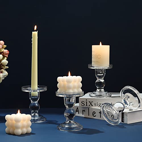 Glass Candle Holder Set of 4 Clear Candlestick Holders for Pillar Taper and Tealight Candles, Vintage Table Centerpiece for Wedding, Christmas Home Decor - color: Clear