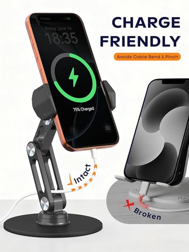 Phone Stand for Desk - Adjustable Height and Angle Foldable Cell Phone Stand Holder, No Dropping Stable Triple-Clamp Holder, Adjustable Tightness, Compatible with iPhone Android Phones, White