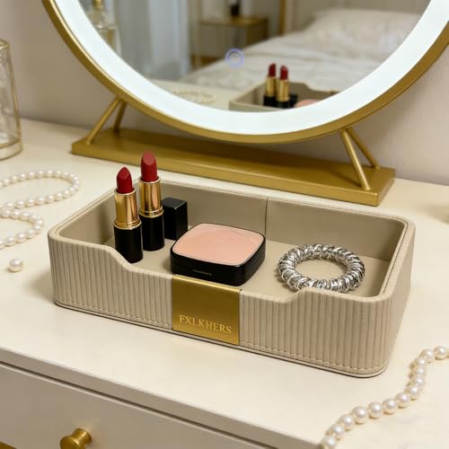 Valet Tray Nightstand Storage Organizer - PU Leather Desktop Storage Organizer Fits Cosmetics Perfume Skincare Lipsticks for Dresser Vanity, Catchall Tray for Watch Wallet Phone Keys|Beige - color: Beige