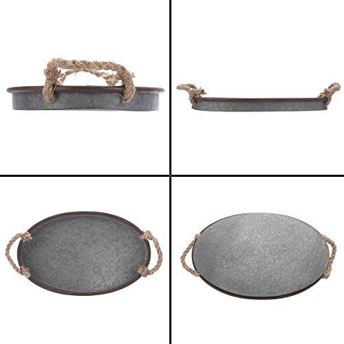 Hipiwe Galvanized Metal Iron Oval Tray with Rope Handle Farmhouse Serving Tray Rustic Industrial Decorative Centerpiece for Coffee Table Weddings and Parties Decor,Small - size: 14.2" x 9.1" x 1.2"