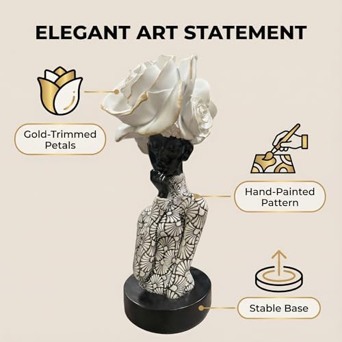 Lescafita African Woman Sculpture with White Rose Headdress, Black and White Resin Statues, Modern Abstract African Art Statue for Home Decor Shelf Table Office Display - color: 112-white