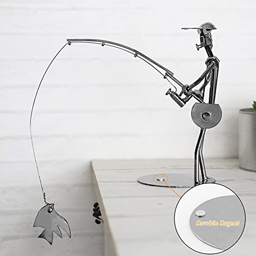 Creative Fisherman Iron Statue Metal Sculpture,A Man with Fishing Rod and A Removable Fish Statue Ornament Figurine for Father's Day Birthday Christmas Dad Man Boy Gift Office Home Desk Decor