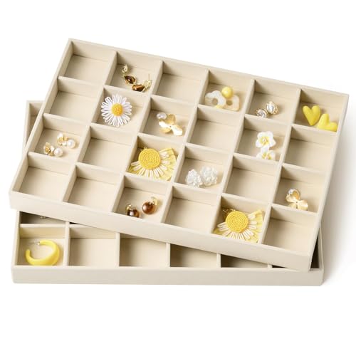 pickpiff Drawer Jewelry Organizer & Display Trays: 2pcs 24grid Velvet Stackable Jewelry Case (13.8x9.4x1.2inch) - Soft Beige Ring Storage Bracelet Holder Earring Box - size: 24 grids + 24 grids