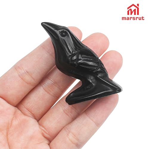 2Pcs Raven Statue Figurine, Black Crow Decor Sculpture, 2 Inch Natural Stone Creative Bird Ornament, Obsidian Crystal Stone Lucky Healing Guardian Animal Pocket Figure for Office Home Decoration Women