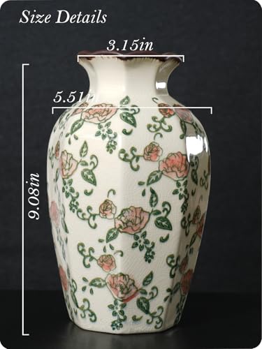 Vintage Ceramic Vase - 9 Inch Hand-Painted Roses with Ice Crackle Glaze Finish, American Farmhouse Style Pitcher Vase for Home Decor, Centerpiece, Shelf, Table, Office, Rustic Wedding Gift - color: Beige and Red-003
