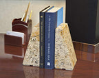 Modern Wedge Marble Bookends – Hand Carved, Polished Stone Bookends w/Non-Slip Rubber Pads – Lightweight & Compact Decorative Bookends (Fossil Stone) - color: Fossil Stone