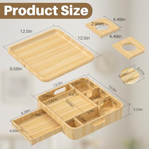 Couch Cup Holder, Couch Tray Cup Holder Sofa Tray, Large Capacity 2-Tier Wooden Trays with Drawer for Sofa, Bed, Picnic, Drinks, Snacks, Remote, Cell Phone, Headphones (Solid Pine Wood)12.5*12.5 in - color: Natural Pine Wood