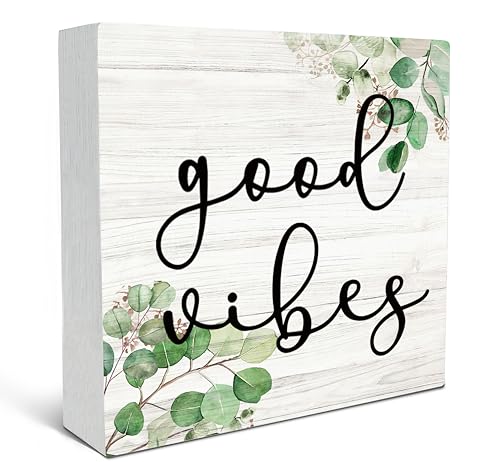 SRADMO Inspirational Botanical Eucalyptus Leaves Wood Box Sign Desk Decor, Rustic Green Eucalyptus Leaves Wooden Block Box Sign Decor for Home Office Shelf Table Decorative Accessories - color: Eucalyptus leaf, size: 5″×5″