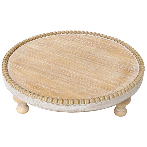 SwallowLiving Rustic Round Wood Tray Riser Farmhouse Pedestal Stand With Beaded Edge for Decor Wooden Finish Cupcake Display for Cakes and Decorative Items 11.8 inches - color: burlywood