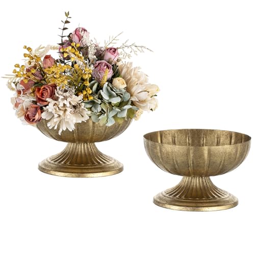 NUPTIO Gold Compote Vase for Centerpiece: 8.5" Wide Short Pedestal Footed Bowl for Flowers - Distressed Brass Urn for Decorative Wedding Table Set of 2 - size: 5.4“H - 2pcs