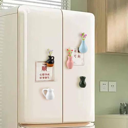 6 Packs Mini Ceramic Vase Magnets for Fridge, Fingertip Vase, Cute Tiny Plant Vase Fridge Magnets for Kitchen Refrigerator Office Locker Decoration with 6 Fake Flowers