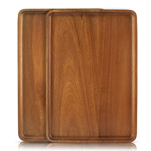 2 PCS 13 x 9 in Solid Acacia Wood Serving Trays Rectangular Wooden Serving Platters Natural Wooden Boards for Bar Coffee Party - color: Brown, size: 13 * 9 inch