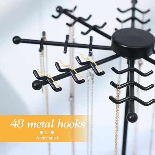 Rotating Necklace Holder Jewelry Stand, Gold Necklace Organizer Display with 48 W-shaped Hooks,Jewelry Organizer for Necklaces Earrings Rings Storage Tree, Presents for Women - color: black-1pcs