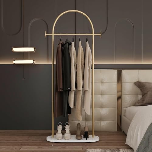 Modern Gold Coat Racks with Marble Base, Gold Clothing Racks with Shelves, Heavy Duty Clothes Rack Stand for Entryway, Bedroom, Living Room, Boutiques - style: Coat-31.5''W
