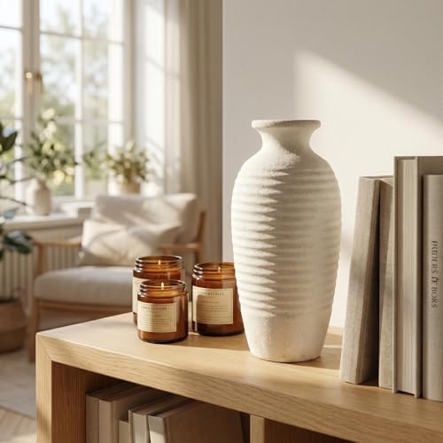 Ceramic Farmhouse Vase, 14.4 Inch Large Handmade Rustic Flower Vase, Waterproof Tall Vase for Pampas Grass & Home Decor, Ideal for Living Room, Shelf, Wedding & Housewarming Gift in Off-White
