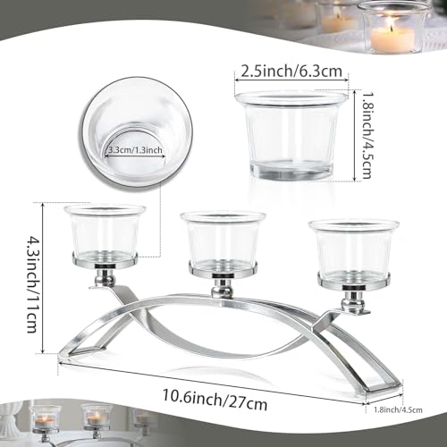 3-Arm Metal Tea Light Candle Holder Set with 5 Glass Cups, Votive Candle Holders Centerpiece Candelabra for Wedding Table Decor, Home Gatherings and Holidays (Silver, 5 Cups) - color: Silver, size: 5 Cups