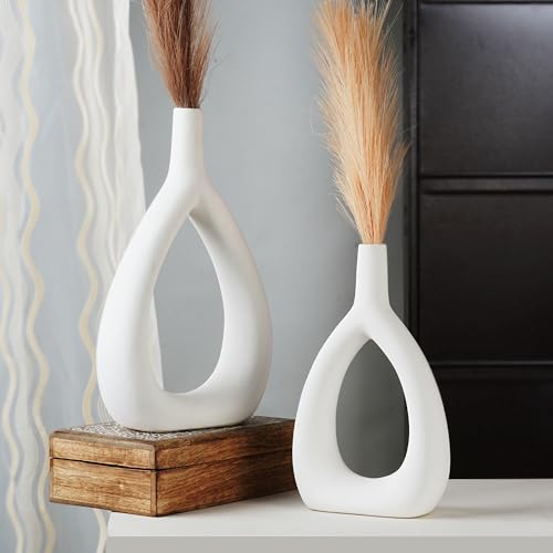 Ajuny Oval Vase Set of 2 – White Ceramic Decorative Vases, Farmhouse Style Modern Accent for Wall Decor, Bedroom, Living Room, Coffee Table, Office - style: Oval-Vase