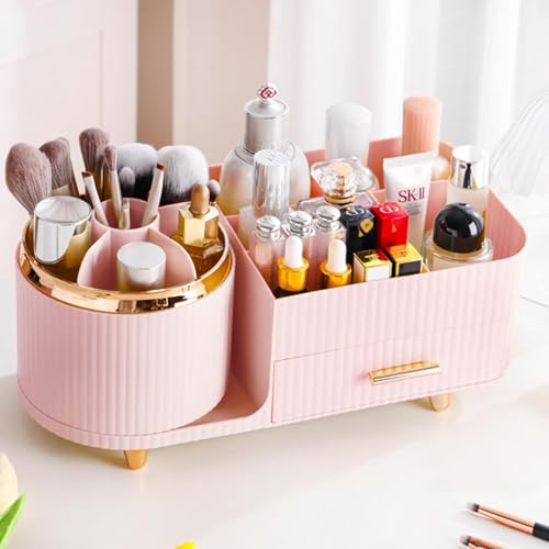 Rotating Makeup Organizer for Vanity with Brush Holder and Drawer, Cosmetic Makeup Storage, Large Spinning Makeup Skincare Organizer, Countertop Makeup Perfume Organizer, Lotions Display Case (Pink) - color: With Drawer-Pink