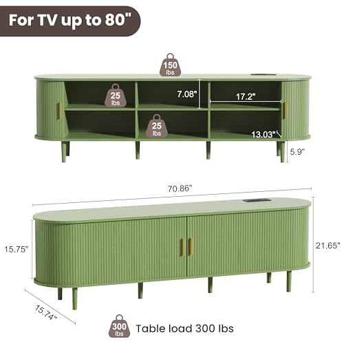 DHH 70.8 Inch Mid Century Modern TV Stand with Power Outlet for TVs up to 80 Inch, Entertainment Center with Storage and Adjustable Shelves, Media Console with Sliding Doors for Living Room(Green) - color: Green, size: 71 Inch