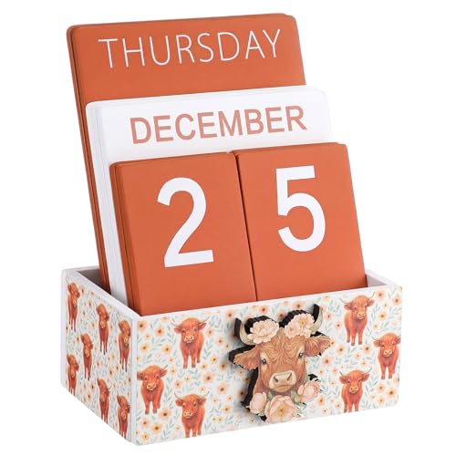 AceOrbit Highland Cow Wood Block Perpetual Calendar Coquettish Desk Decor Cute Month Week Date Display Decorative Block Calendar for Women Office Home Desk Gift for Women - style: Wildflower Highland Cow